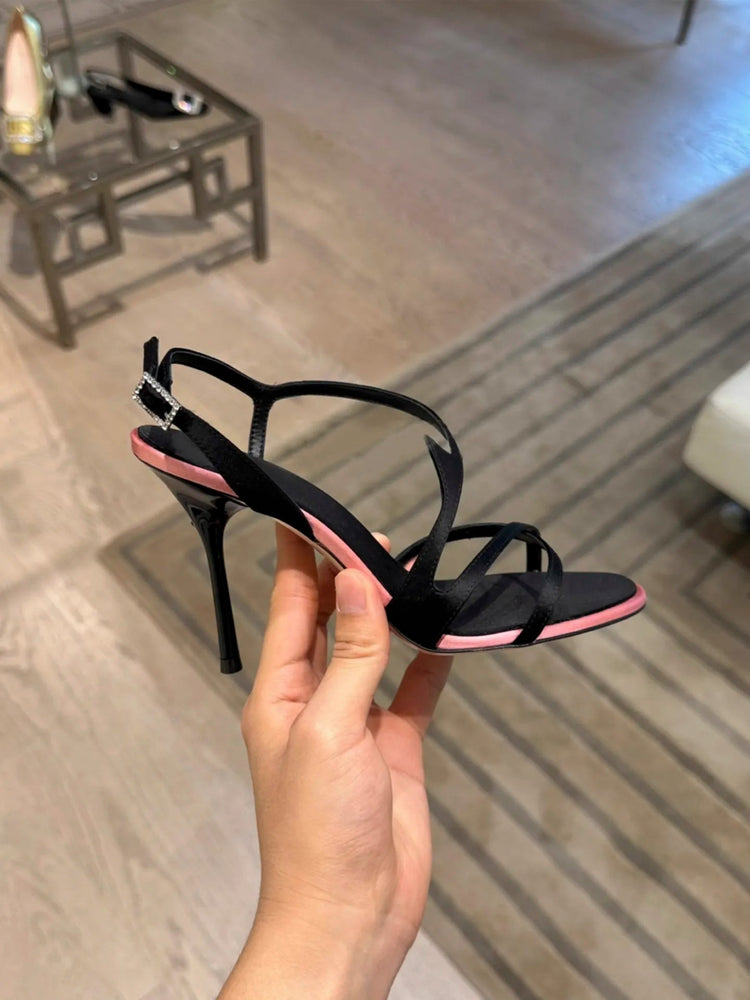 Satin Color Block Stiletto Fashionable High Heels with One Belt 2026 New Summer Sexy Temperament Versatile Sandals PlatiNum