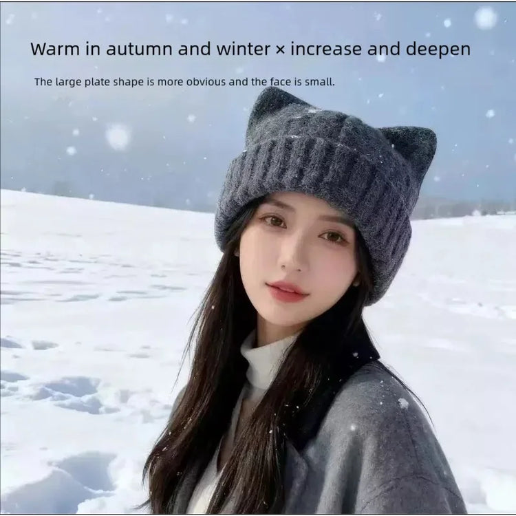Cute Cat Ear Knitted Beanie Hat for Women Girls, Thickened Windproof Winter Warm Cap, Autumn Winter Daily Wear Accessories