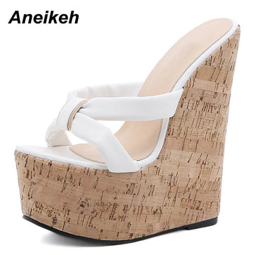 Aneikeh Wedges Heel Women Slippers Fashion Open Toe Platform Sandals Summer Super High Heels Female Party Shoes Size 35-42 PlatiNum