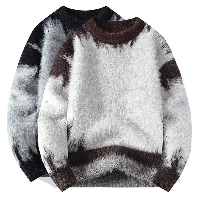 Autumn Winter Men's Casual Warm Fake mink fur Retro Knitted Sweater Round Neck Knitting Pullover Sweater