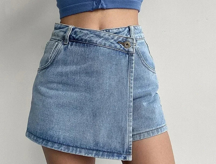 2025 Summer New Light-colored Slim Culottes High-waisted A-line Denim Shorts Casual Simple Non-elastic Women's Three-point Pants PlatiNum