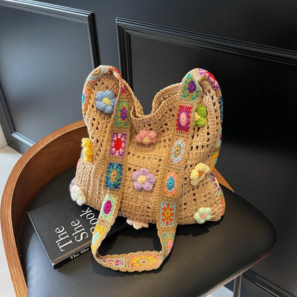 Borsa tote da donna in stile boho con motivo floreale all'uncinetto, borsa a tracolla in maglia intrecciata di grande capacità, borsa da spiaggia estiva per ragazze