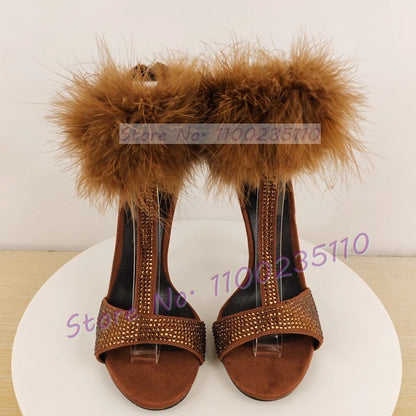 Chocolate Rhinestone T Strap Sandals Women Trendy Real Turkey Feather Ankle Strap Luxury Shoes Glittery Party High Heels Sandals
