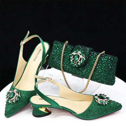 Venus Chan Royal Blue Sandals for Women 2024 Luxury Wedding Pumps Med Heels strass Design Party Shoes and Bags Set