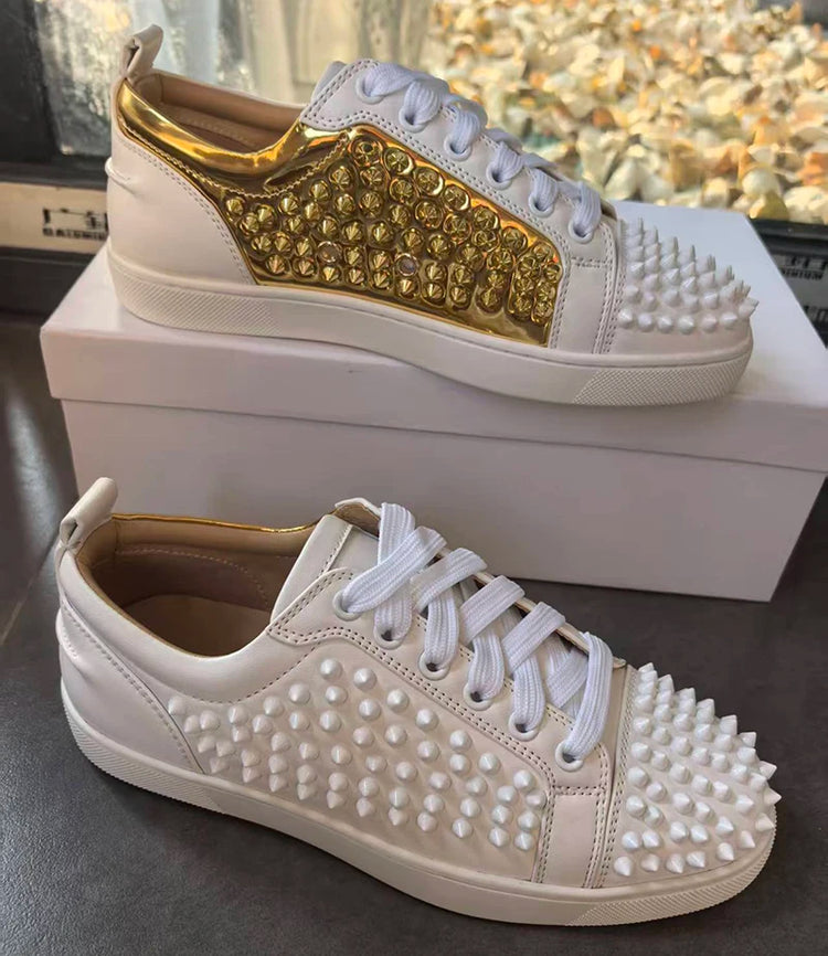 Italian Fashion Spikes Flats For Men Low Top Casual Shoes Mens White Sneakers Super Stars Style Studded Rubber Bottom Shoes