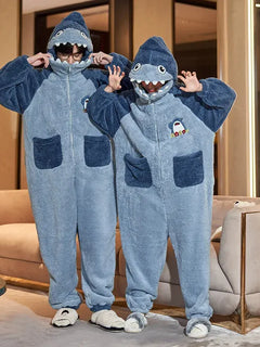 Couples Pajamas Jumpsuits Women Men Adult Winter Thicken Hooded Pyjamas Sleepwear Korean Loose Onesies Soft Warm Home Clothes