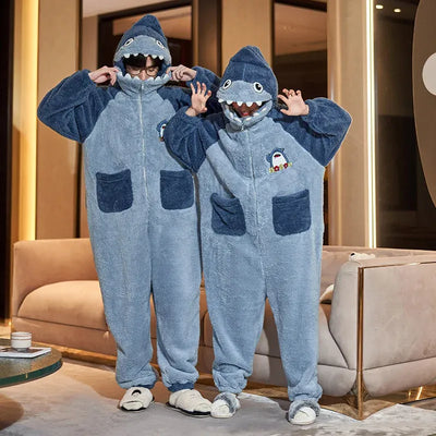 Couples Pajamas Jumpsuits Women Men Adult Winter Thicken Hooded Pyjamas Sleepwear Korean Loose Onesies Soft Warm Home Clothes