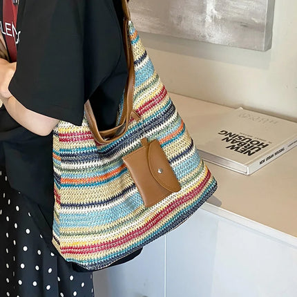 Hand-Woven Large Capacity Tote Bag for Women, Fashionable Commuter Bag, INS Style, Beach Bag for Daily Travel