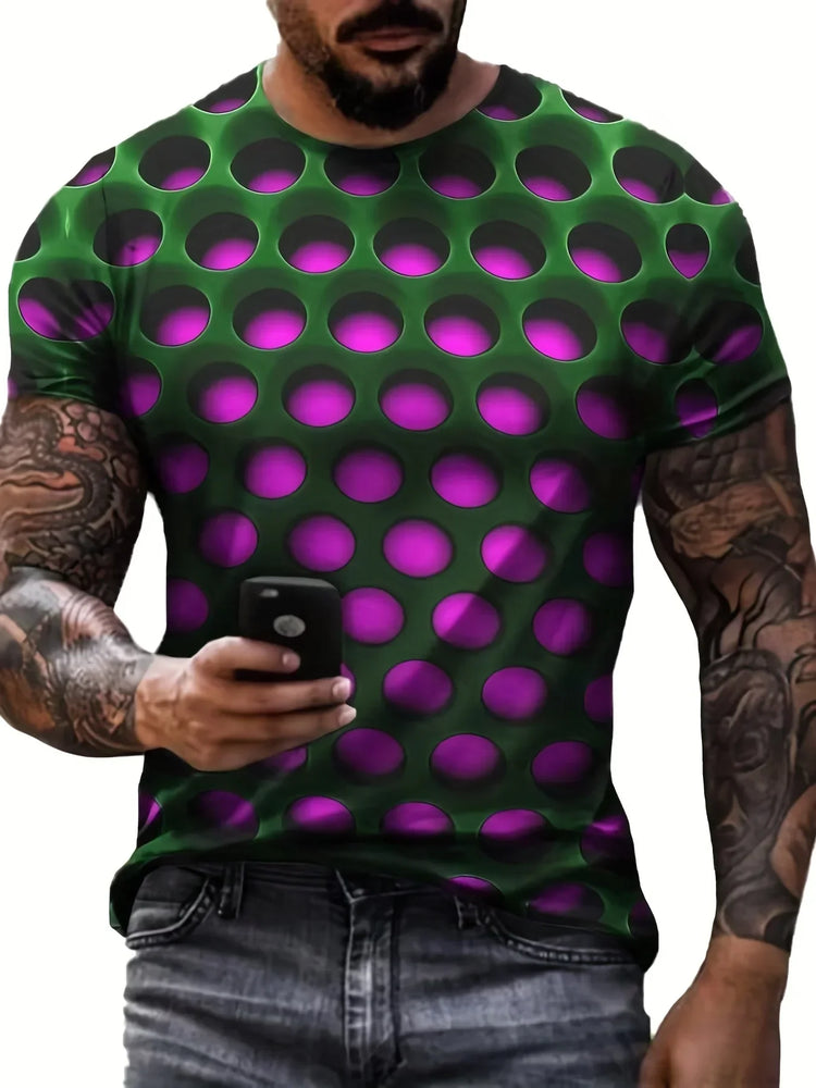 T-shirt estive da uomo con stampa 3D effetto ottico, girocollo, casual, a maniche corte, abbigliamento streetwear alla moda.