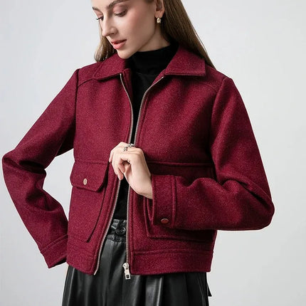 KONDALA Red Bordeaux Loose Jakcets Women Zipper Pockets Short Coats Fashion 2025 Autmn Elegant Bomer Jackets Elegant Outwears