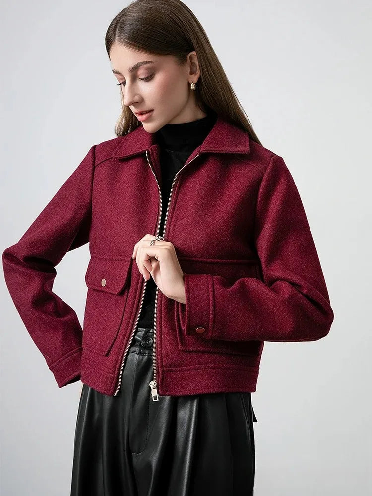 KONDALA Red Bordeaux Loose Jakcets Women Zipper Pockets Short Coats Fashion 2025 Autmn Elegant Bomer Jackets Elegant Outwears