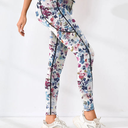 Printed women's high waistband pocket fitness pants paired with tight abdominal yoga pants, suitable for running, hiking, and sp PlatiNum