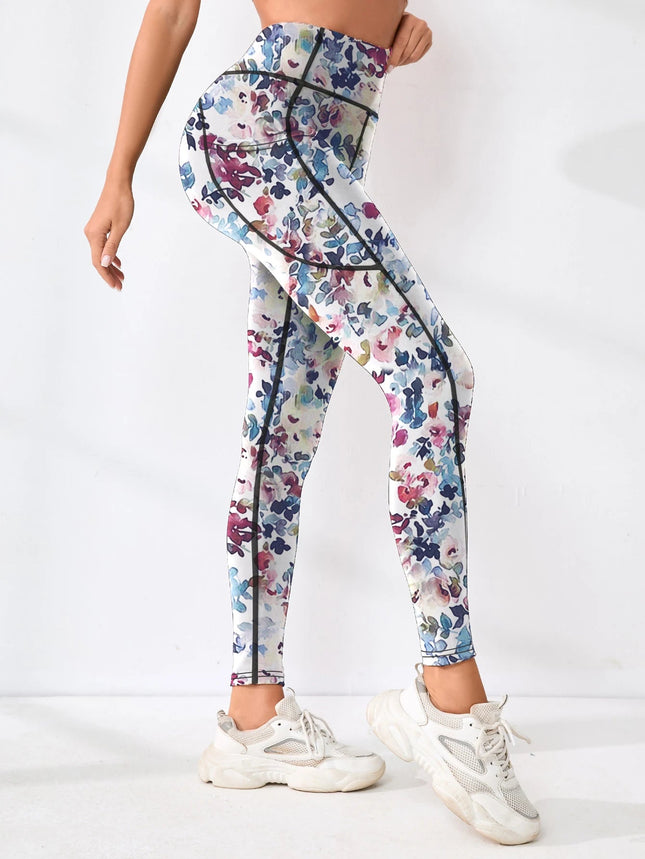 Printed women's high waistband pocket fitness pants paired with tight abdominal yoga pants, suitable for running, hiking, and sp PlatiNum