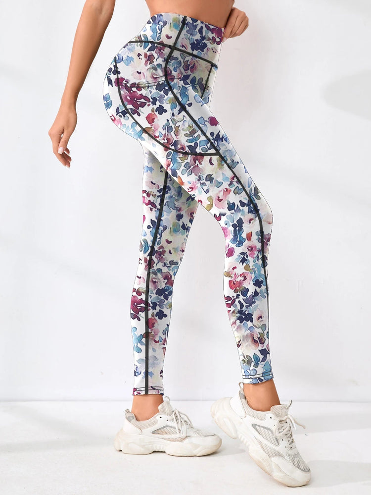Printed women's high waistband pocket fitness pants paired with tight abdominal yoga pants, suitable for running, hiking, and sp PlatiNum