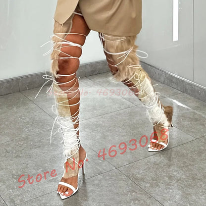 Fur Hide Lace Up Over Knee Sandals Women Wild Sexy Cross Tied High Heels Puttee Shoes Ladies Cutout Party Pointy Long Sandals