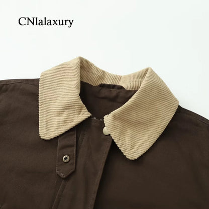 CNlalaxury Women 2025 Autumn New Fashion Contrast Collar Long Sleeve Jacket Casual Warm Coat High Street Outerwear Mujer