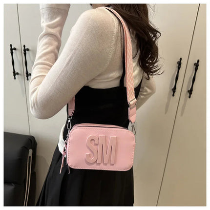 Chic SM Letter Camera Bags, Stylish Women’s Crossbody Small Square Purses with Wide Patterned Straps, Perfect for Daily Casual PlatiNum