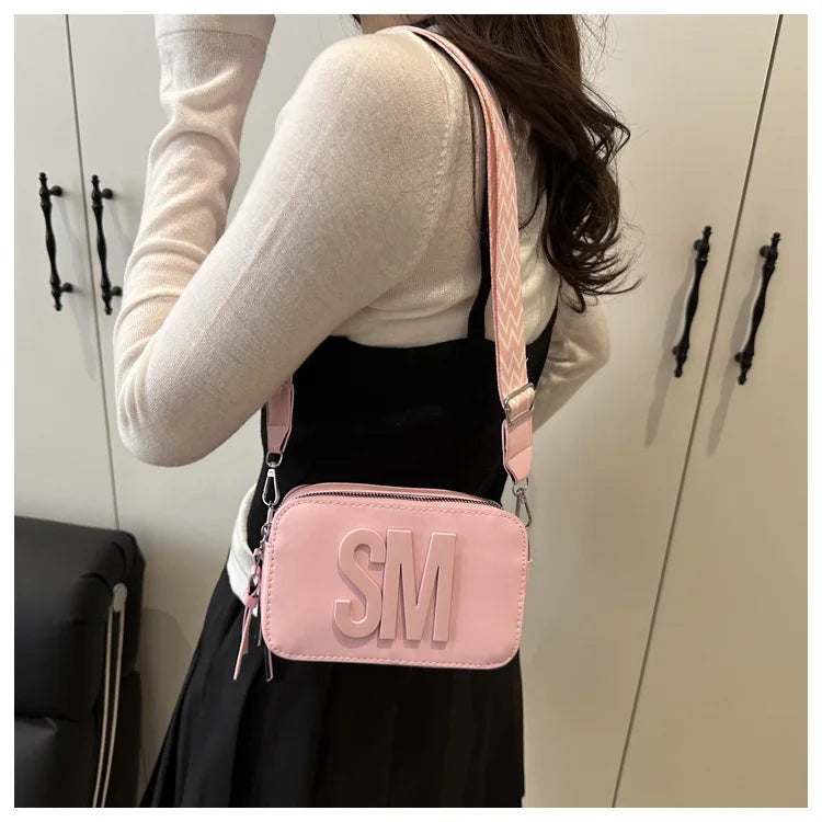 Chic SM Letter Camera Bags, Stylish Women’s Crossbody Small Square Purses with Wide Patterned Straps, Perfect for Daily Casual PlatiNum