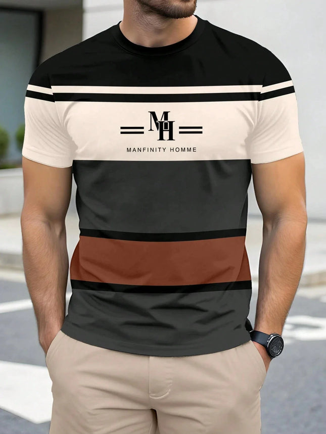 "2025 New Trend Men's Minimalist Striped Print Casual Breathable Short-Sleeved Fitness Wear"