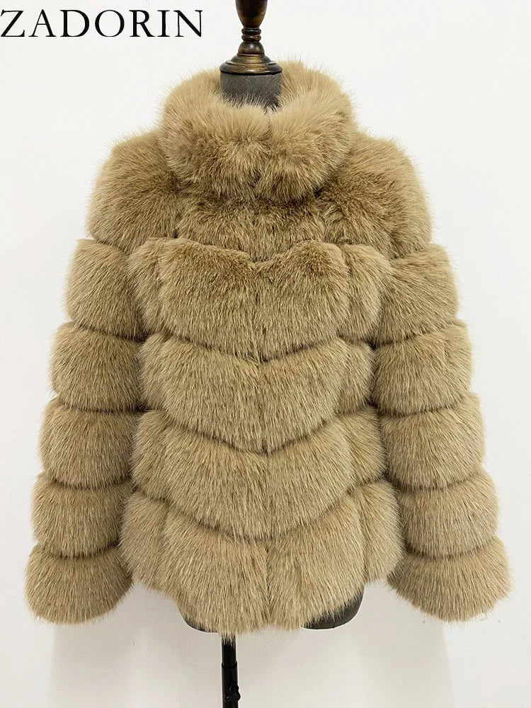 ZADORIN Winter Clothes For Women Stand Collar Splicing Long Sleeve Faux Fur Coat Women Black White Fluffy Jacket Faux Fur Coats