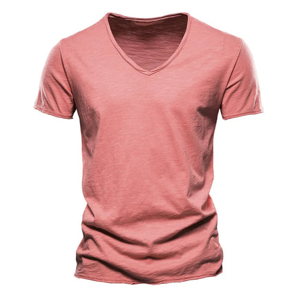 Men's 100% Cotton Branded Quality T-shirt V-Neck Fashion Design Slim Fit Solid Men's T-shirt Top Tees Short Sleeve T-shirt for Men