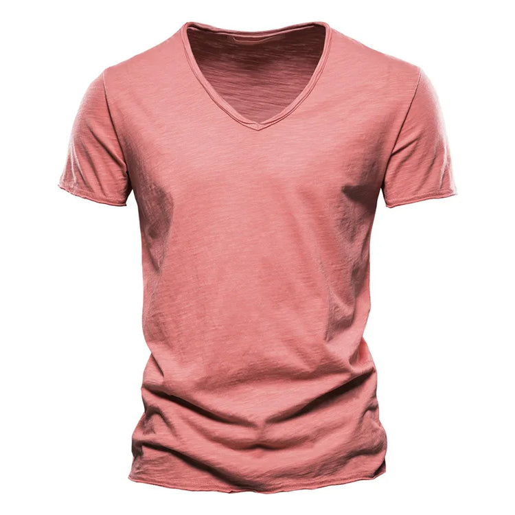 T-shirt da uomo in cotone 100% di qualità del marchio con scollo a V Fashion Design Slim Fit Soild T-shirt da uomo Top Tees T-shirt a maniche corte per uomo