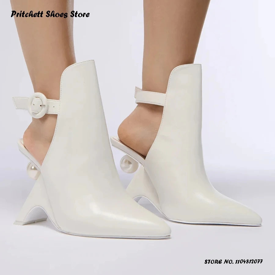 Women's Faux Pearl Slingback Pumps Elegant Buckle Strap Strange Style High Heels Spring Summer Pointed Toe Party Dress  Shoes