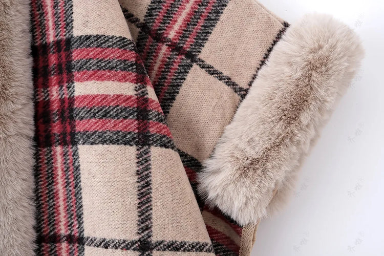 Faux Rabbit Fur Capes Coats Women Plaid Poncho Jackets Tassel Hooded Batwing Sleeves Open Stitch Loose Casual 2025 Autumn Winter