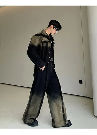 2025 New Men Denim Jacket and Jeans Set Two Piece Gradient Color Frayed Design Loose Fit High End Street Fashion Youth Trendy PlatiNum