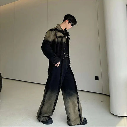 2025 New Men Denim Jacket and Jeans Set Two Piece Gradient Color Frayed Design Loose Fit High End Street Fashion Youth Trendy PlatiNum