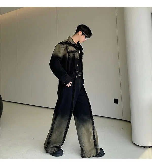 2025 Nuovi uomini Giacca di jeans e jeans Set Due pezzi Sfumatura di colore Design sfilacciato Vestibilità ampia Moda di strada di fascia alta Gioventù alla moda