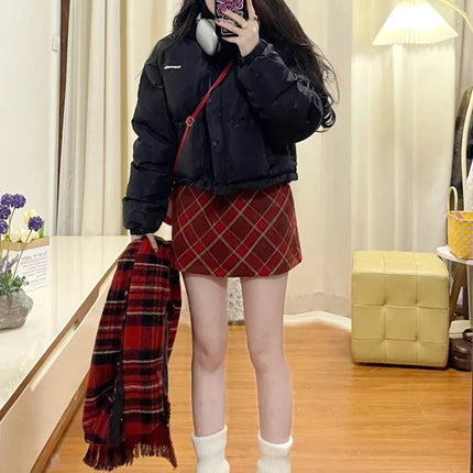 Autumn Winter Woolen Plaid Mini Skirt for Women College Casual All Match Short Skirts Woman Thicken Warm High Waist A-Line Skirt PlatiNum