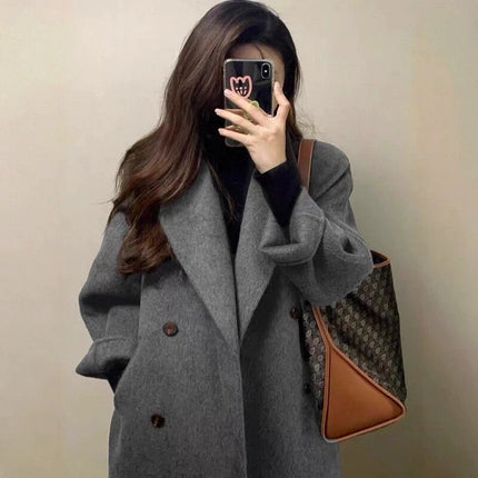 Grey Double-sided Cashmere Coat Women's 2026 Winter New Korean Version Loose Thick Down Woolen Coats Solid Casual Long Overcoat