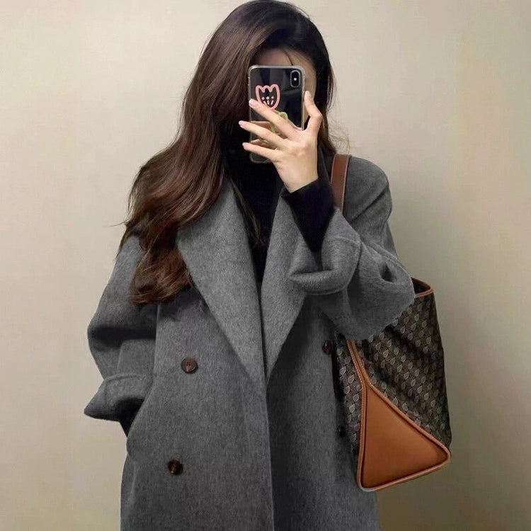 Grey Double-sided Cashmere Coat Women's 2026 Winter New Korean Version Loose Thick Down Woolen Coats Solid Casual Long Overcoat