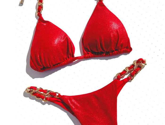 Bikini Brasiliano Due Pezzi con Catene Metalliche e Micro Perizoma, Costume da Bagno Donna platinumshop