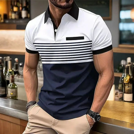 Men's European and American Summer Striped Print Polo Shirt, Comfortable and Breathable, Urban Outdoor Casual Top