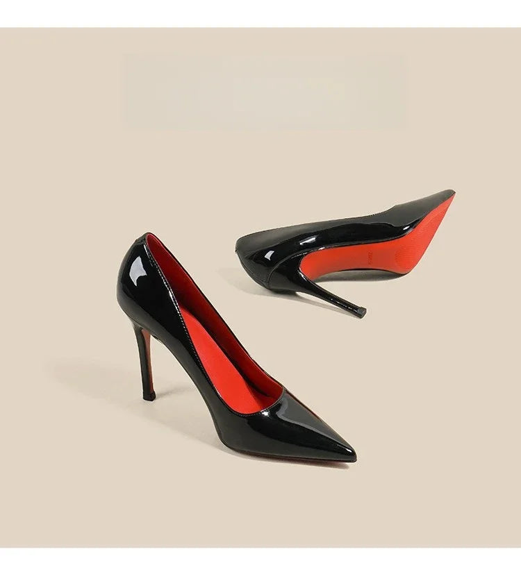 7cm Black Red Sole High Heels Spring Pointed Toe Stiletto Heel Sexy Shiny Single Shoes Fashion Patent Leather Women's Shoes PlatiNum