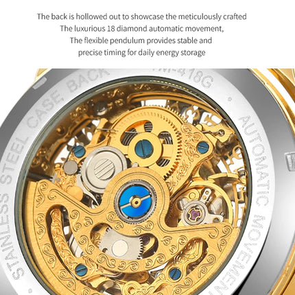 SKROX Original Gold Skeleton Automatic Movement Men's Watch Mechanical Waterproof Male Wrist Watches Leather Strap Luxury Clock