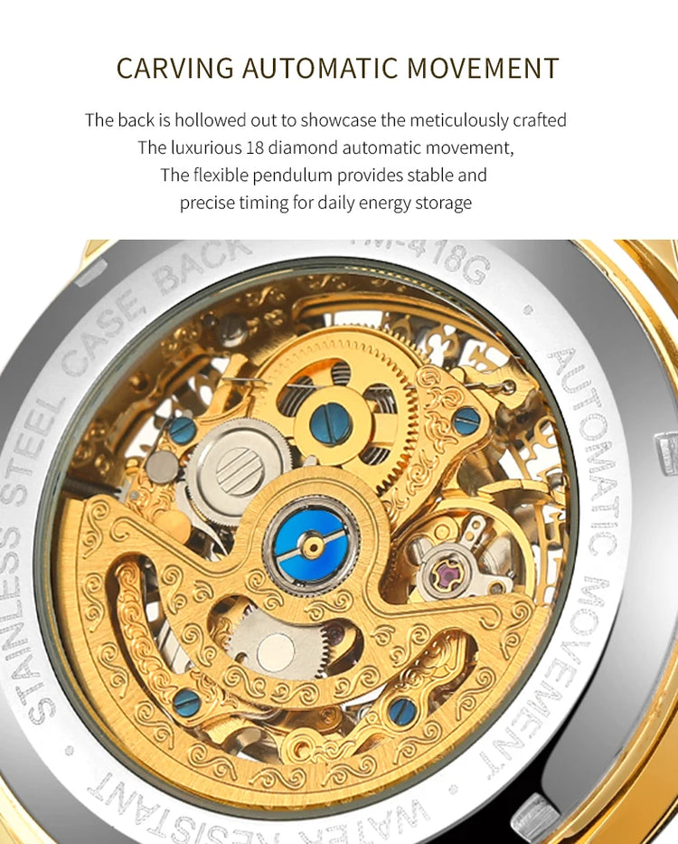 SKROX Original Gold Skeleton Automatic Movement Men's Watch Mechanical Waterproof Male Wrist Watches Leather Strap Luxury Clock