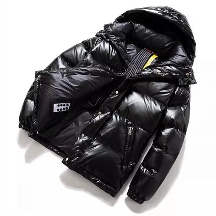 Fashion Mens Winter Mixed Colors Thick Warm 90% White Duck Down Jacket Bright Pu Leather Overcoat Streetwear Hooded Outwear Coat