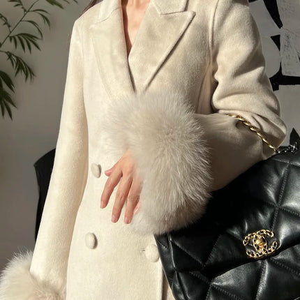 Autumn Winter Korean High-end Real Fox Fur Sleeves Women Black Slim Fit Waist Cinched Double-sided Wool Coat Long Woolen Coat