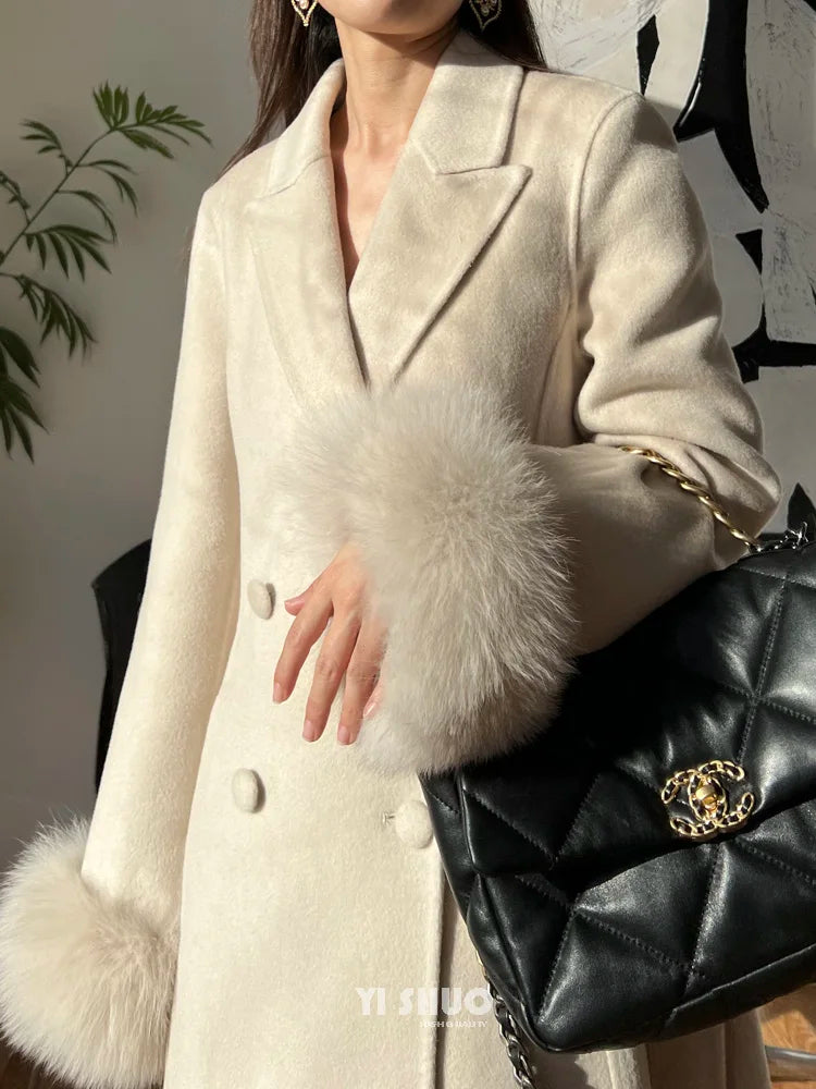 Autumn Winter Korean High-end Real Fox Fur Sleeves Women Black Slim Fit Waist Cinched Double-sided Wool Coat Long Woolen Coat