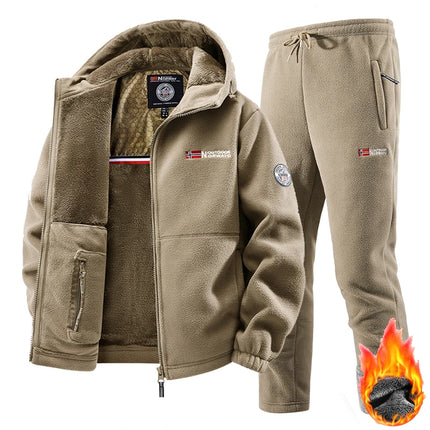 2025 New Winter Sportswear Set Mens Retro Training Thick Fleece Jacket + Pants Two Piece Set Casual Ski Running Tracksuit Suit