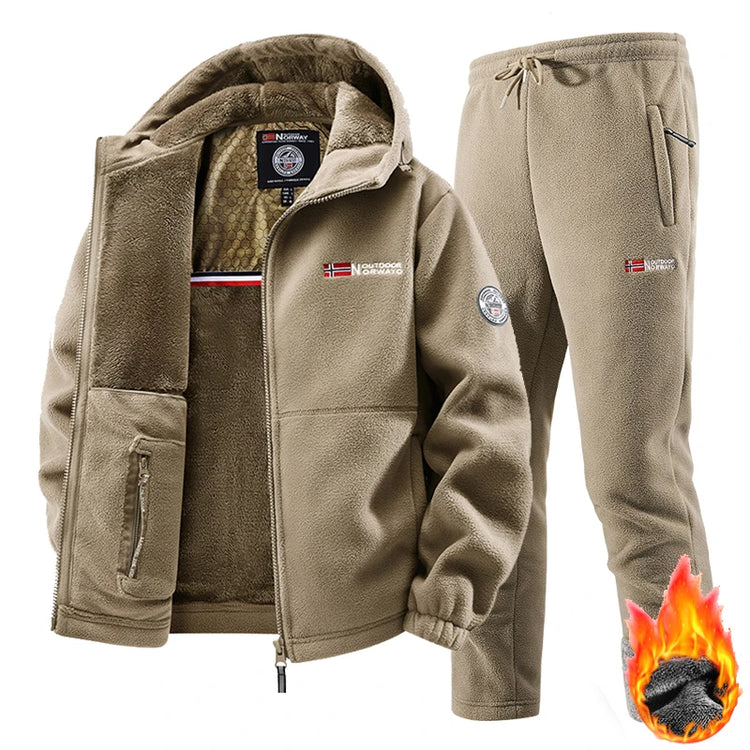 2025 New Winter Sportswear Set Mens Retro Training Thick Fleece Jacket + Pants Two Piece Set Casual Ski Running Tracksuit Suit