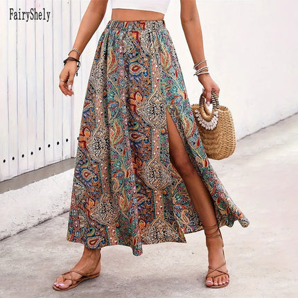 Gonna Lunga Vintage Bohemien con Stampa Etnica da Donna, Gonna Estiva Casual a Vita Alta 2026, Elegante Gonna Boho a Trapezio con Spacco e Pieghe