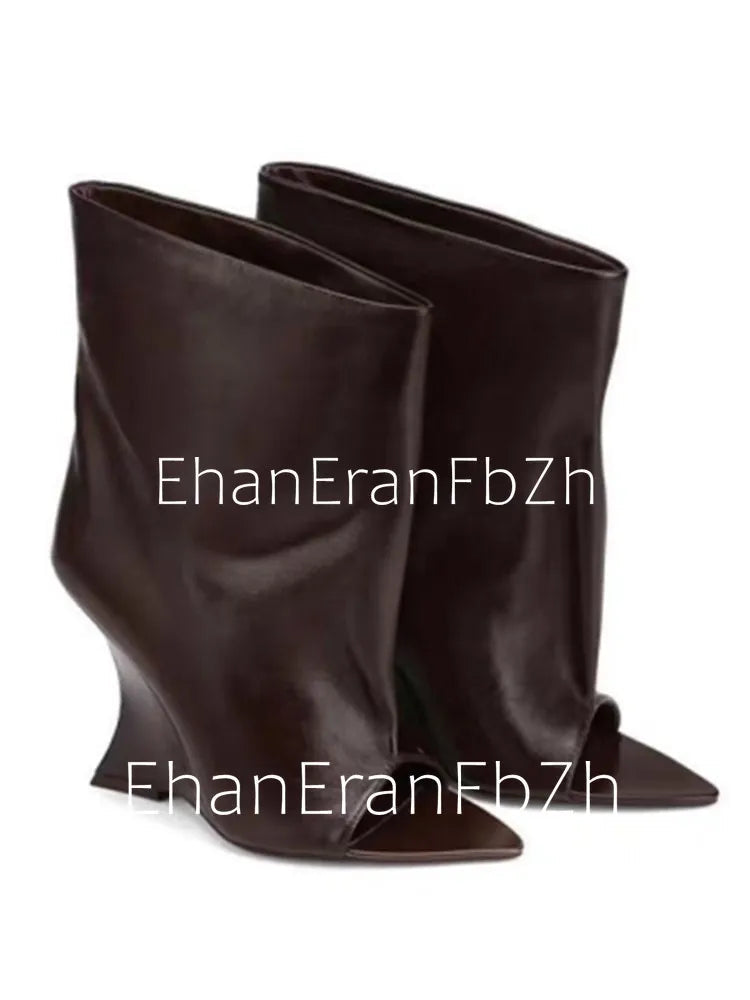 2025Ladies' Spring and Summer New Fish Mouth Slope High Heel Knee Boots, Fashionable Pointed Fashion Show Medium Cool Boots PlatiNum