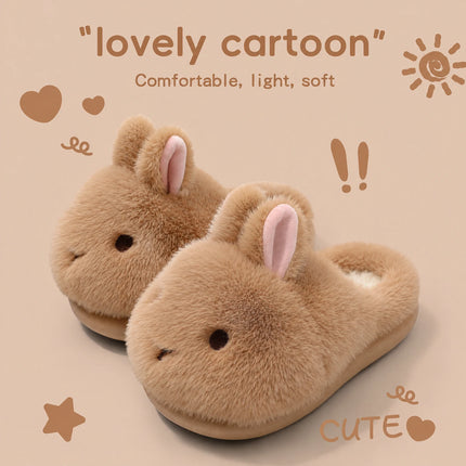 Cute Brown Bunny Plush Slippers Women Winter Warm Rebound Soft Sole House Shoes Indoor Fuzzy Non-Slip Comfortable Home Footwear