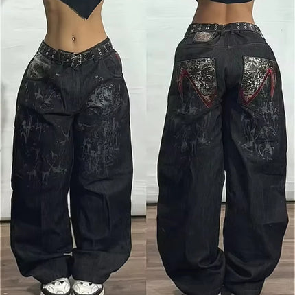 Jeans larghi ricamati modello Joker di tendenza della moda americana Donna Street Y2K Nuovi pantaloni a gamba larga oversize Hip Hop Jeans unisex