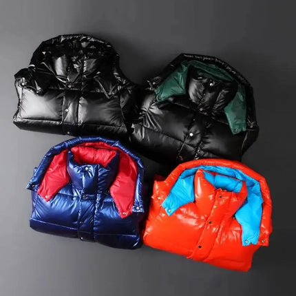 New Winter Shiny Jackets, Men's Short Trendy Brand Hooded Thickened And Warm Outerwear 90% White Duck Down