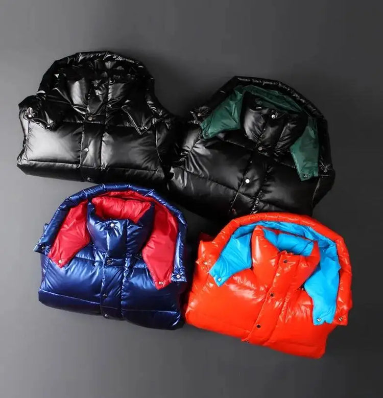 New Winter Shiny Jackets, Men's Short Trendy Brand Hooded Thickened And Warm Outerwear 90% White Duck Down